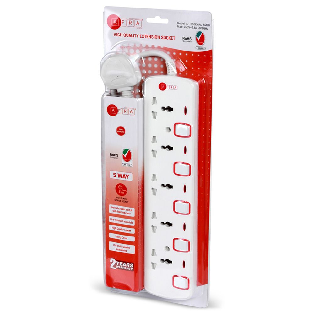 AFRA - Universal Extension Cord W/ 5 Sockets & Cable 5 Meter