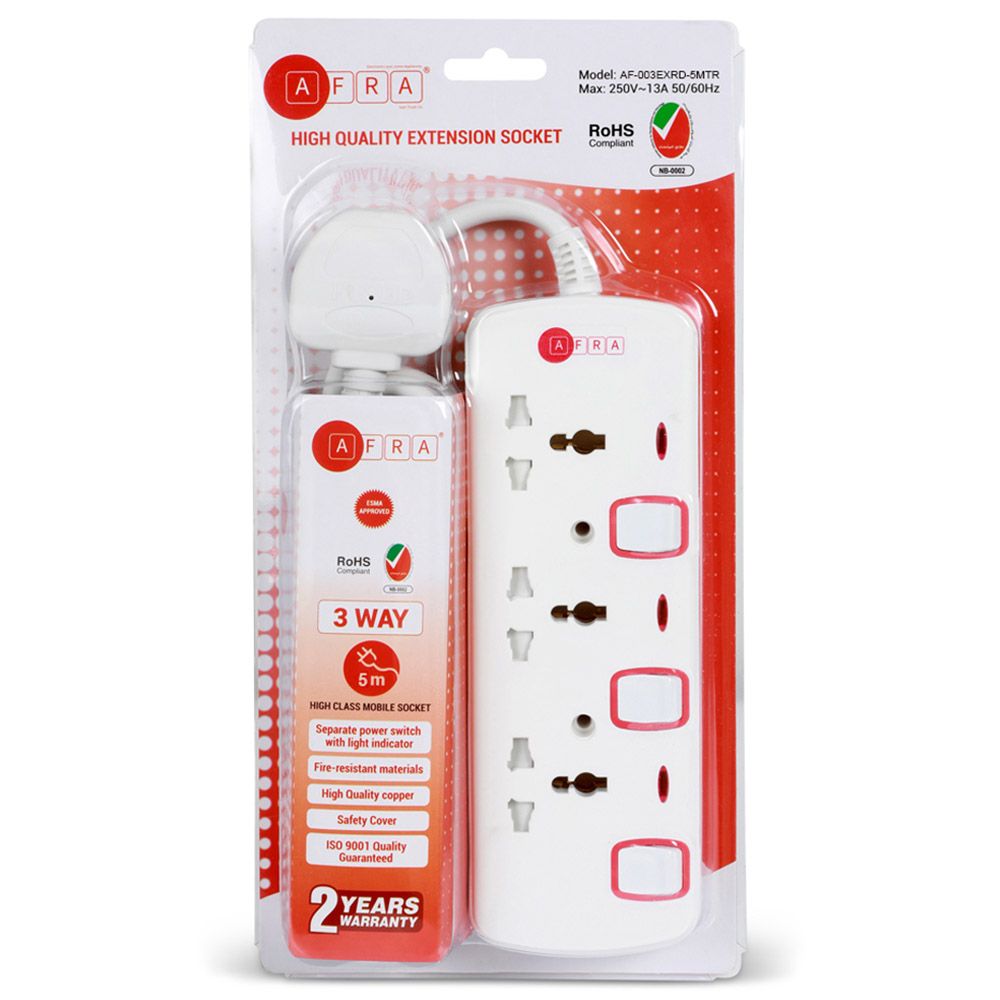 AFRA - Universal Extension Cord W/ 3 Sockets & Cable 5 Meter