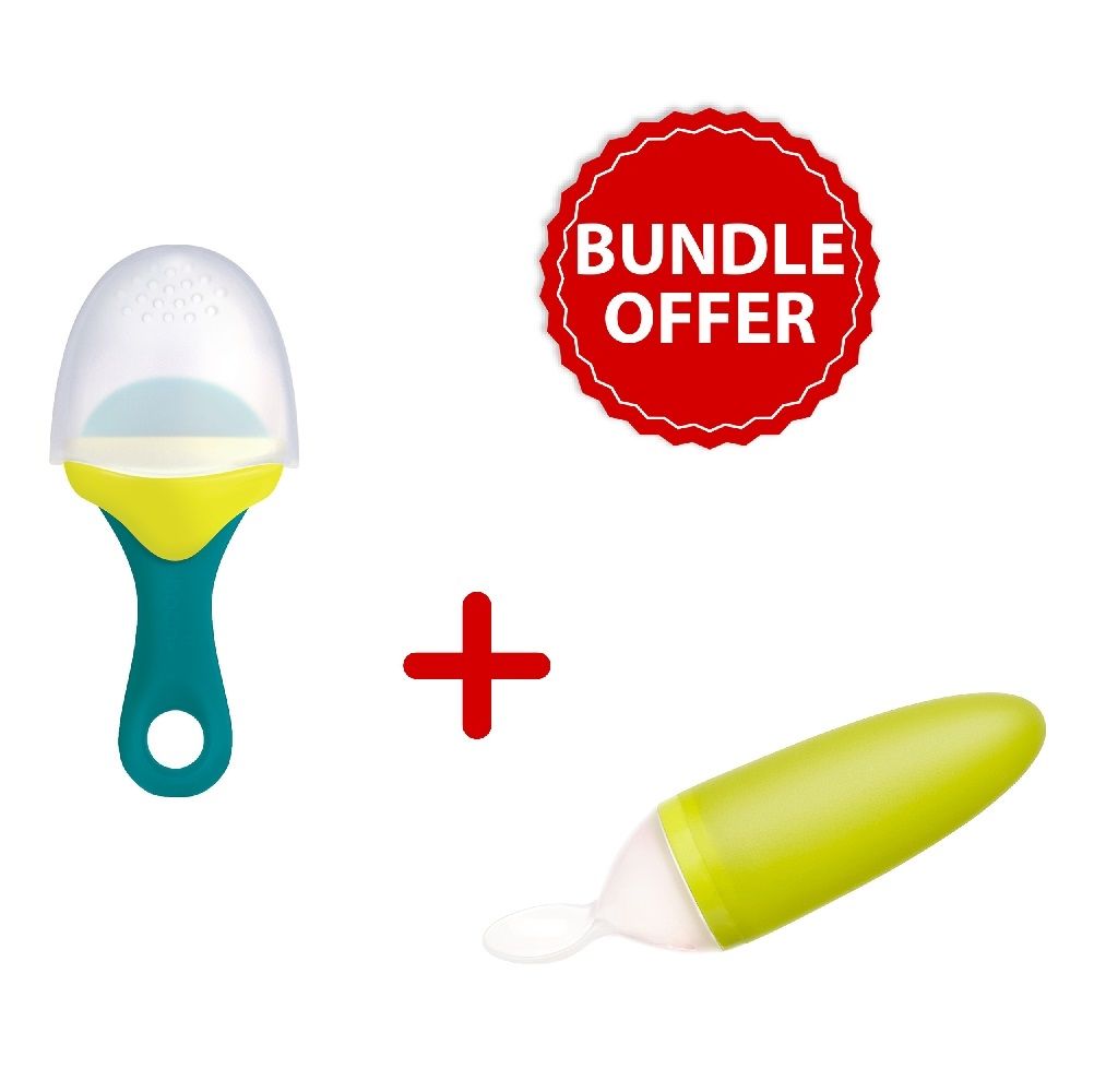 Boon Pulp Silicone Feeder - Green/Blue with Squirt Silicone Spoon - Green