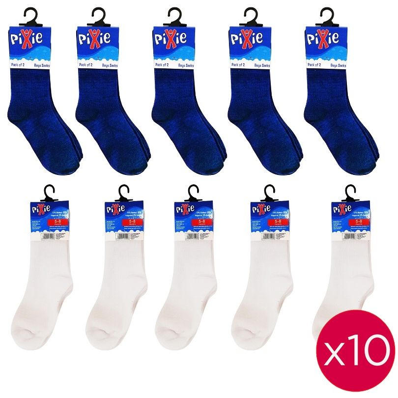 Pixie - Bamboo Cotton Blue/White Socks, 5-8 Years (Bundle of 10)