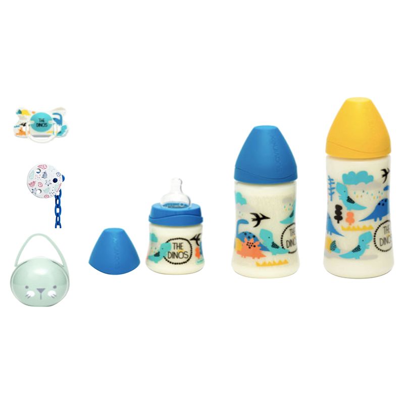 Suavinex - Baby Dino Feeding Bottle, Blue with Free Soother Holder