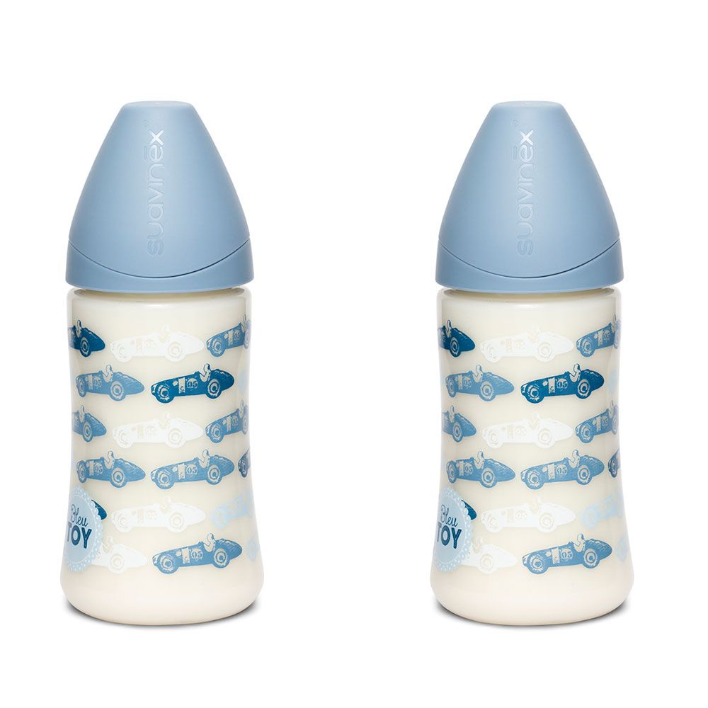 Suavinex - Anatomic Sausage Cars Baby Bottle 270ml, Blue - Bundle of 2