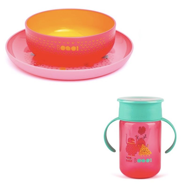 Suavinex Plate + Bowl Booo + Suavinex 360ml Cup Booo - Pink