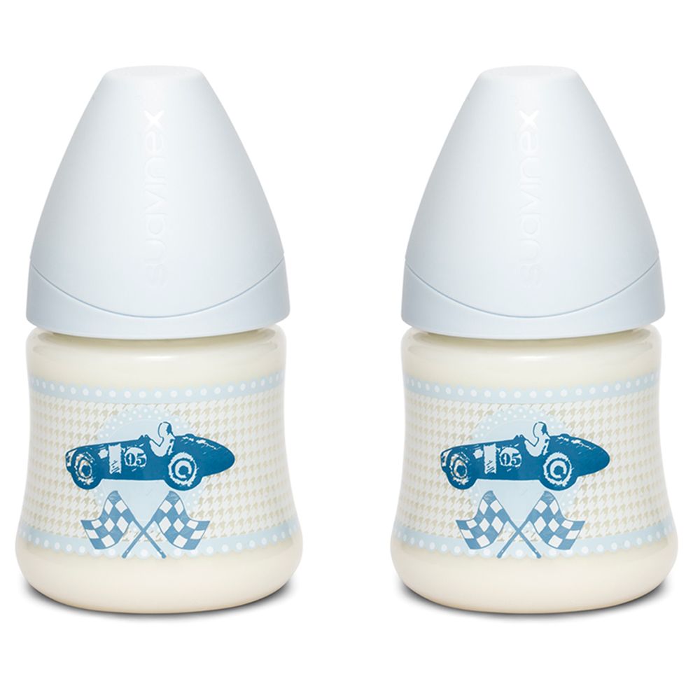 Suavinex - Anatomic Sausage Cars Baby Bottle 150ml, Blue - Bundle of 2