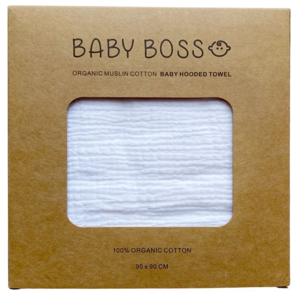 Baby Boss - Organic Muslin Cotton Baby Hooded Towel - White