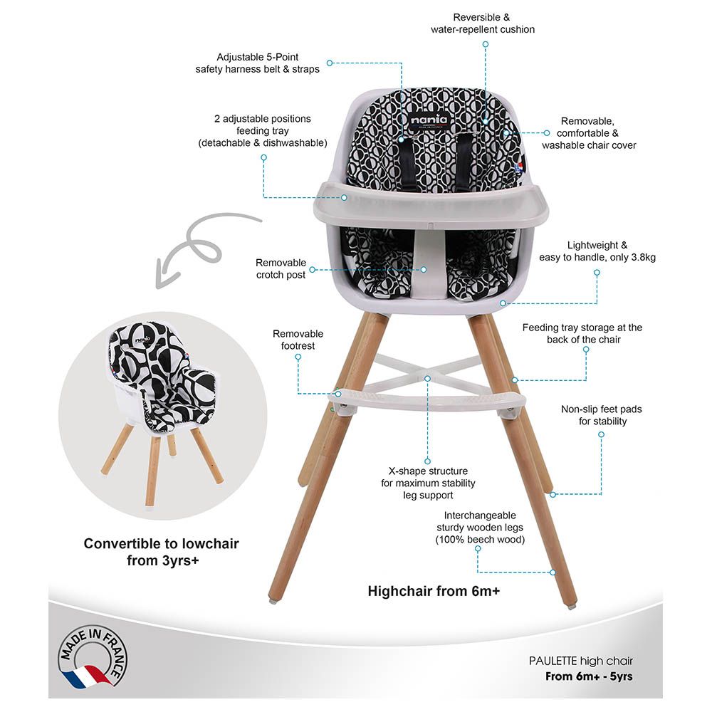 نانيا- كرسي طعام للأطفال بوليت 2 في 1 +وسادة بوجهين- أشكال هندسية