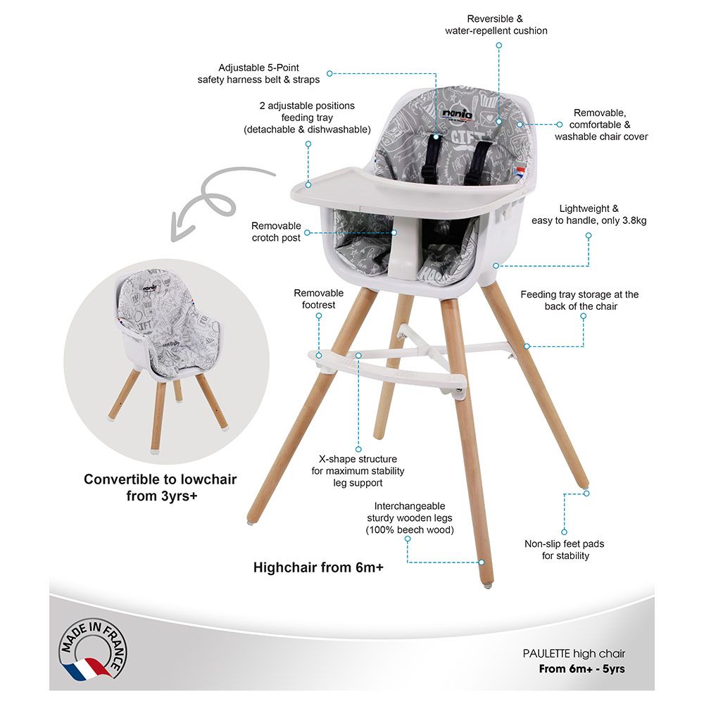 نانيا- كرسي طعام للأطفال بوليت 2 في 1 +وسادة بوجهين- رسومات