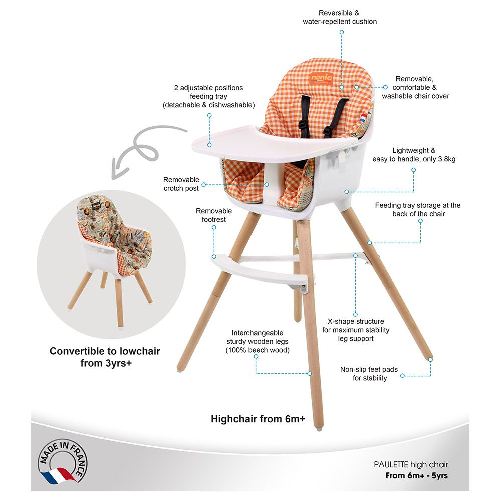 NANIA - Paulette 2In1 Highchair W/ Reversible Cushion - Orange