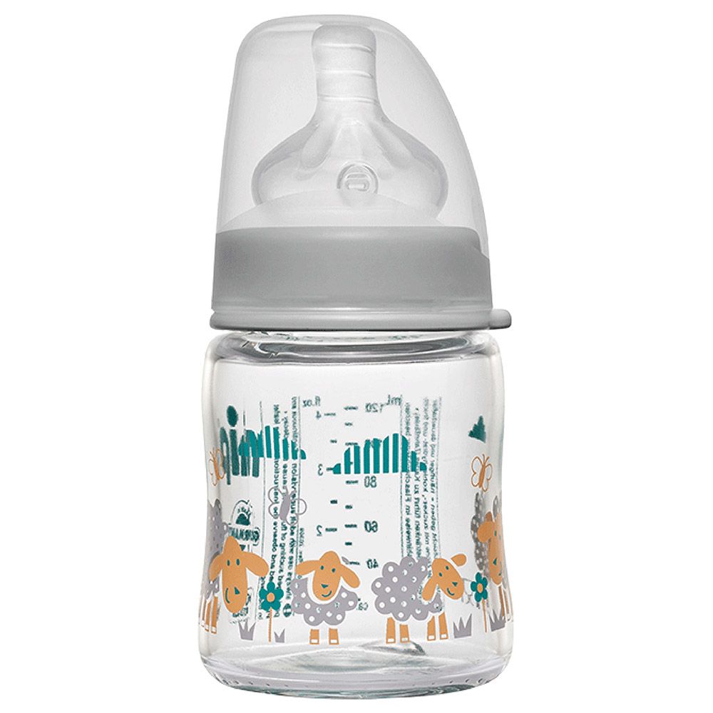 Nip - Wide Neck Round Teat-M Glass Bottle 120Ml - Grey