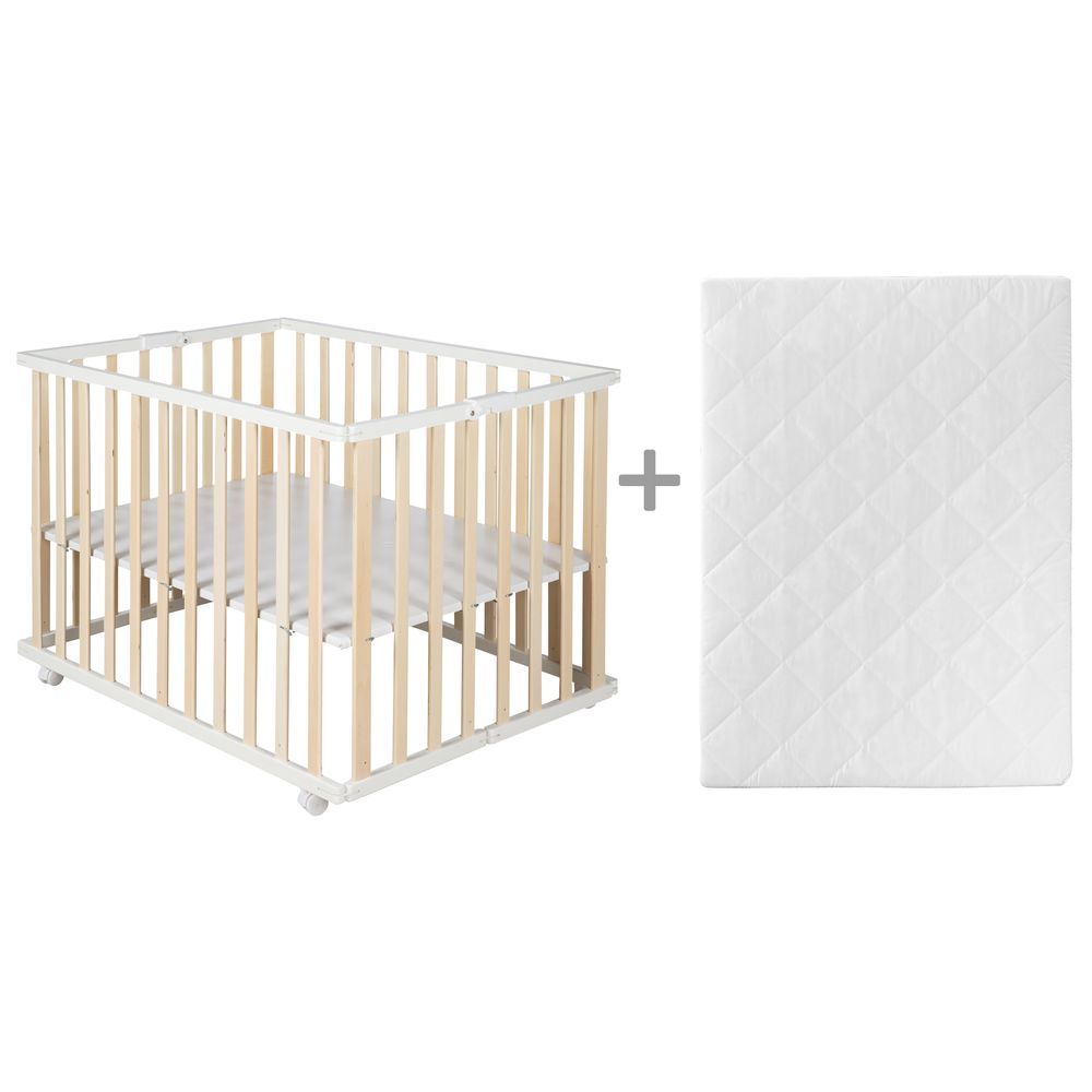 Roba - Foldable Wooden Playpen W/ Mattress 74x100cm - Natural