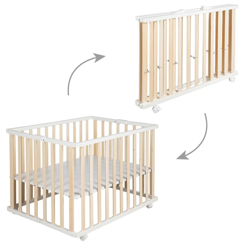 Roba - Foldable Wooden Playpen W/ Mattress 74x100cm - Natural