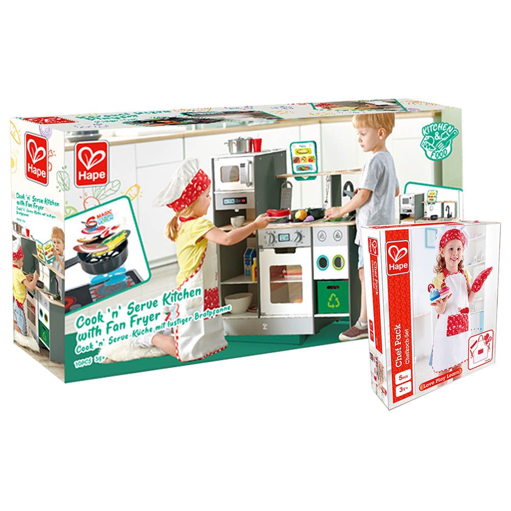 Hape - Cook'N Serve Kitchen w/ Fan Fryer & Little Chef Apron Set 5pcs