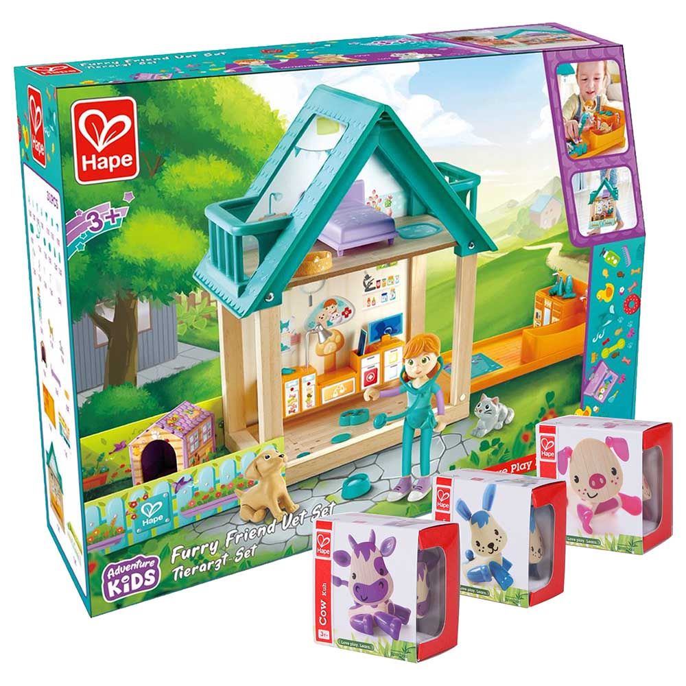 Hape - Furry Friend Vet Wooden Dollhouse w/ Mini Animals - 34pcs