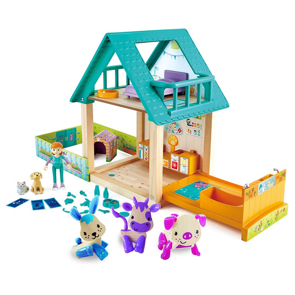 Hape - Furry Friend Vet Wooden Dollhouse w/ Mini Animals - 34pcs