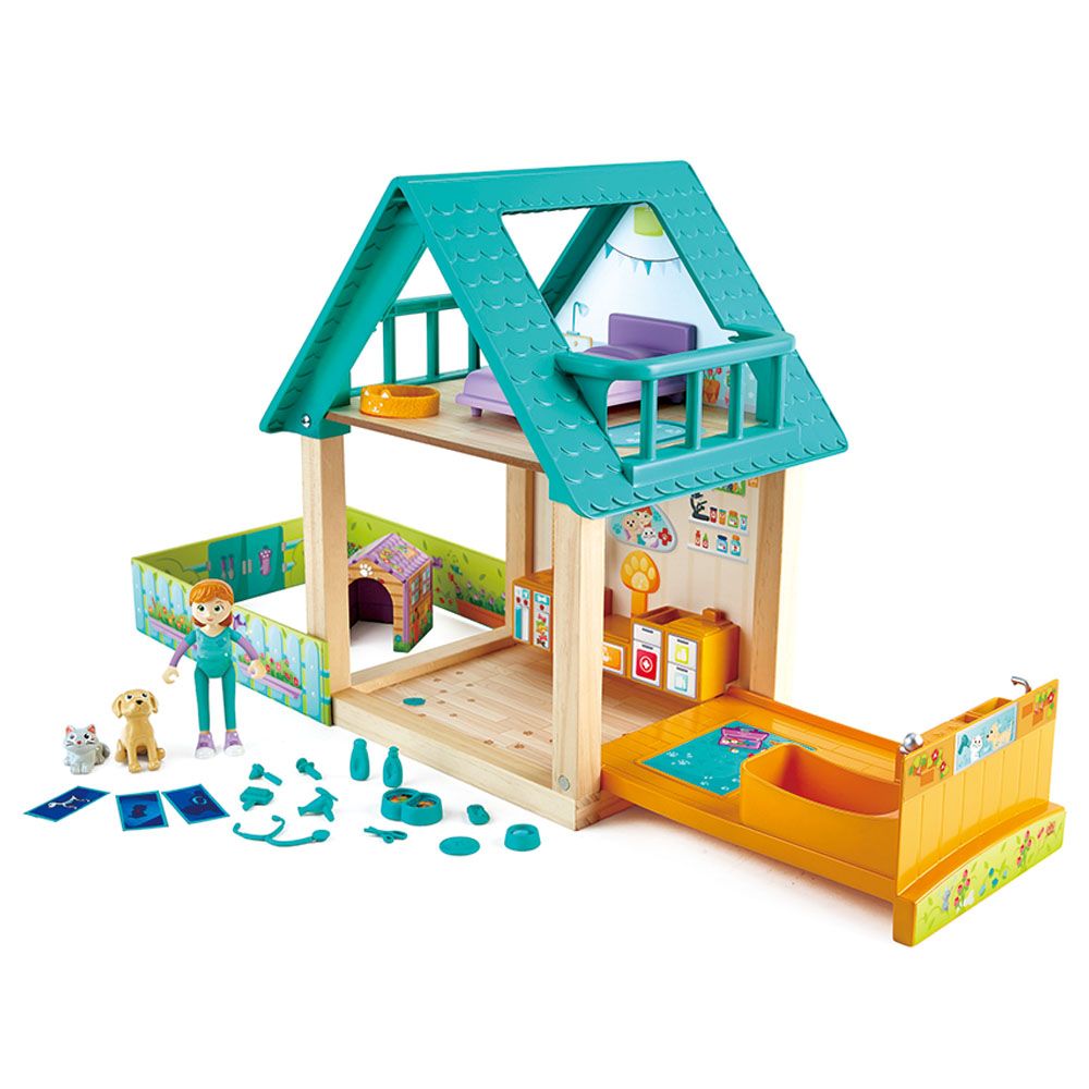 Hape - Furry Friend Vet Wooden Dollhouse w/ Mini Animals - 34pcs