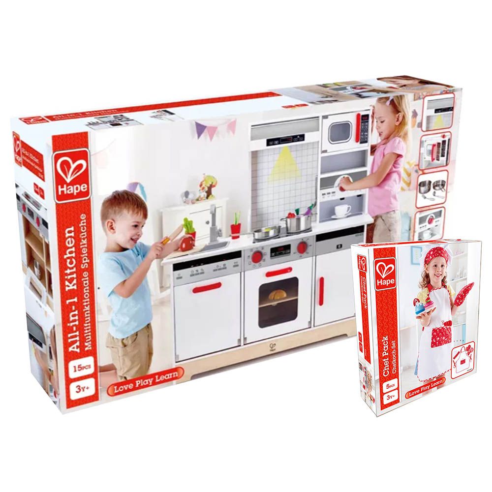 Hape - All-in-1 Kitchen Playset 15pcs & Little Chef Apron Set 5pcs