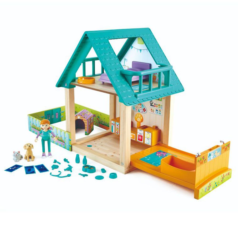 Hape - Furry Friend Vet Themed Wooden Dollhouse Set - 30pcs