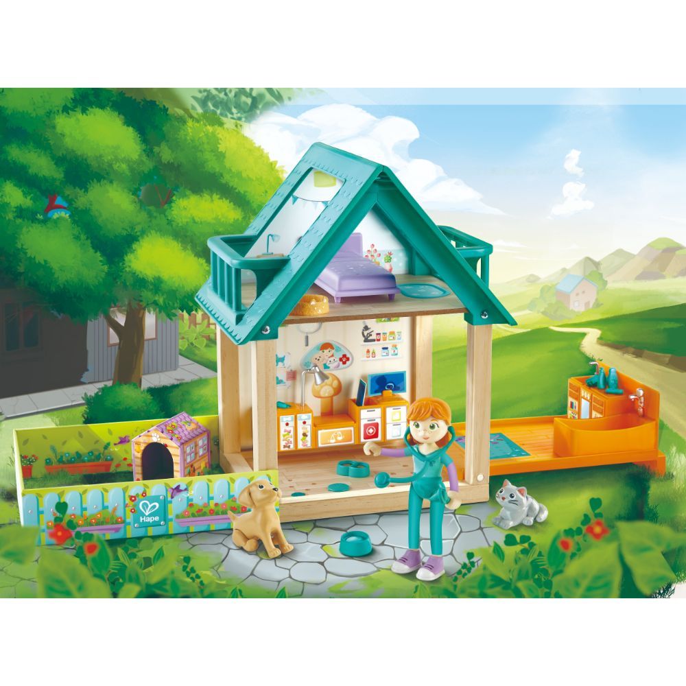 Hape - Furry Friend Vet Themed Wooden Dollhouse Set - 30pcs