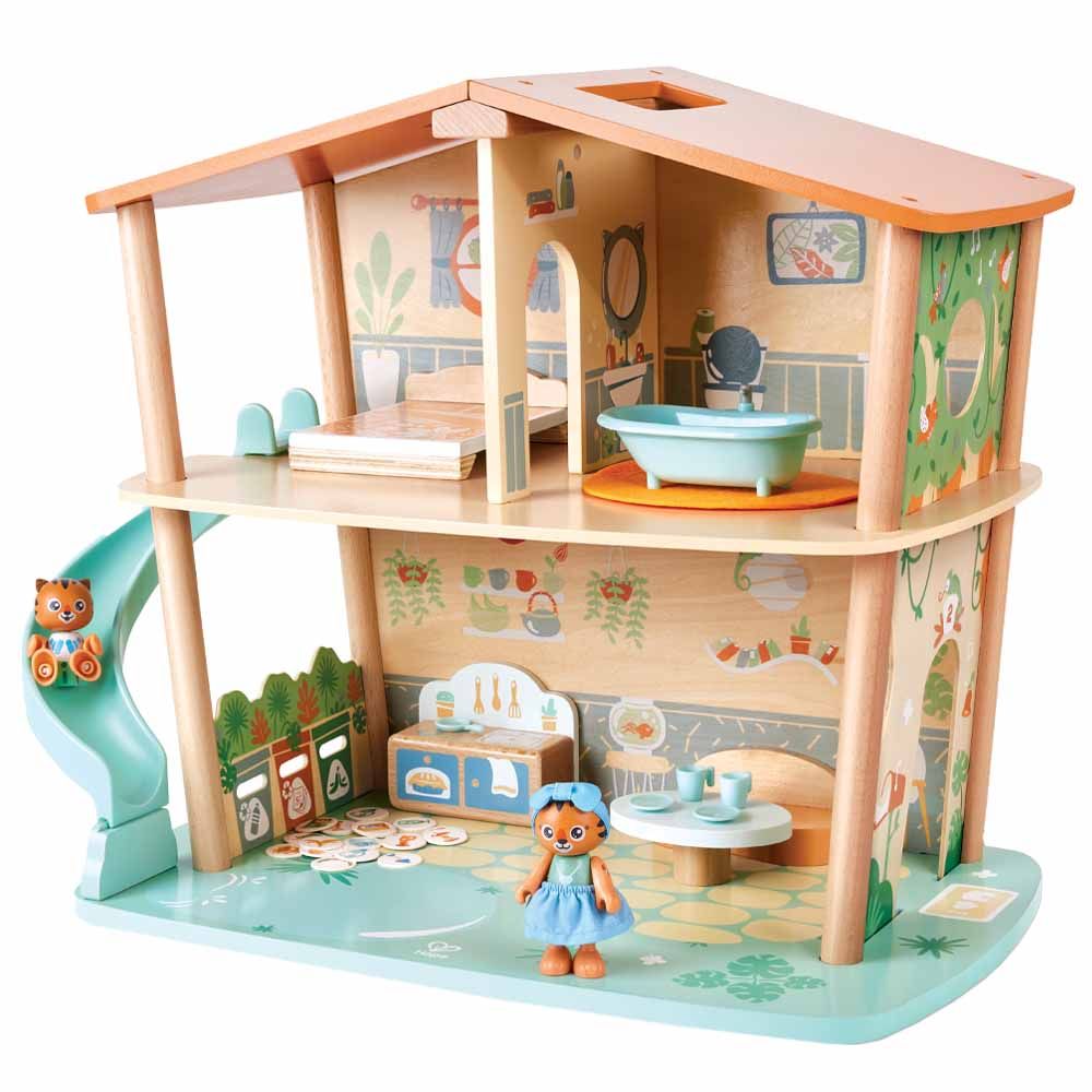 Hape - Tiger's Wooden Jungle House W/ 2 Tiger Dolls & Accessories 34pcs