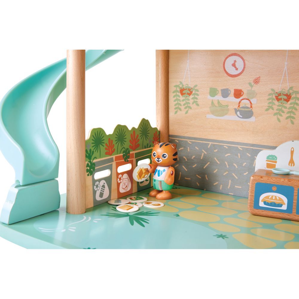 Hape - Tiger's Wooden Jungle House W/ 2 Tiger Dolls & Accessories 34pcs