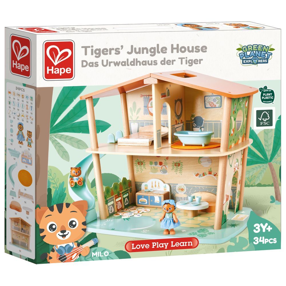 Hape - Tiger's Wooden Jungle House W/ 2 Tiger Dolls & Accessories 34pcs