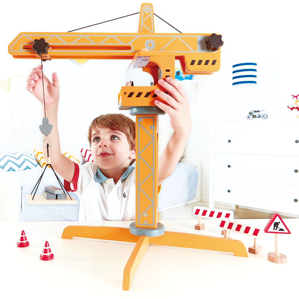 Hape - Construction Wooden Crane Lift Set - 10pcs