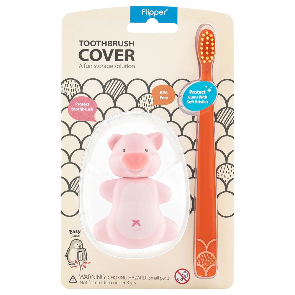 Filpper - Fun Animal Toothbrush W/ Holder for Kids - Pig (Colour May Vary)