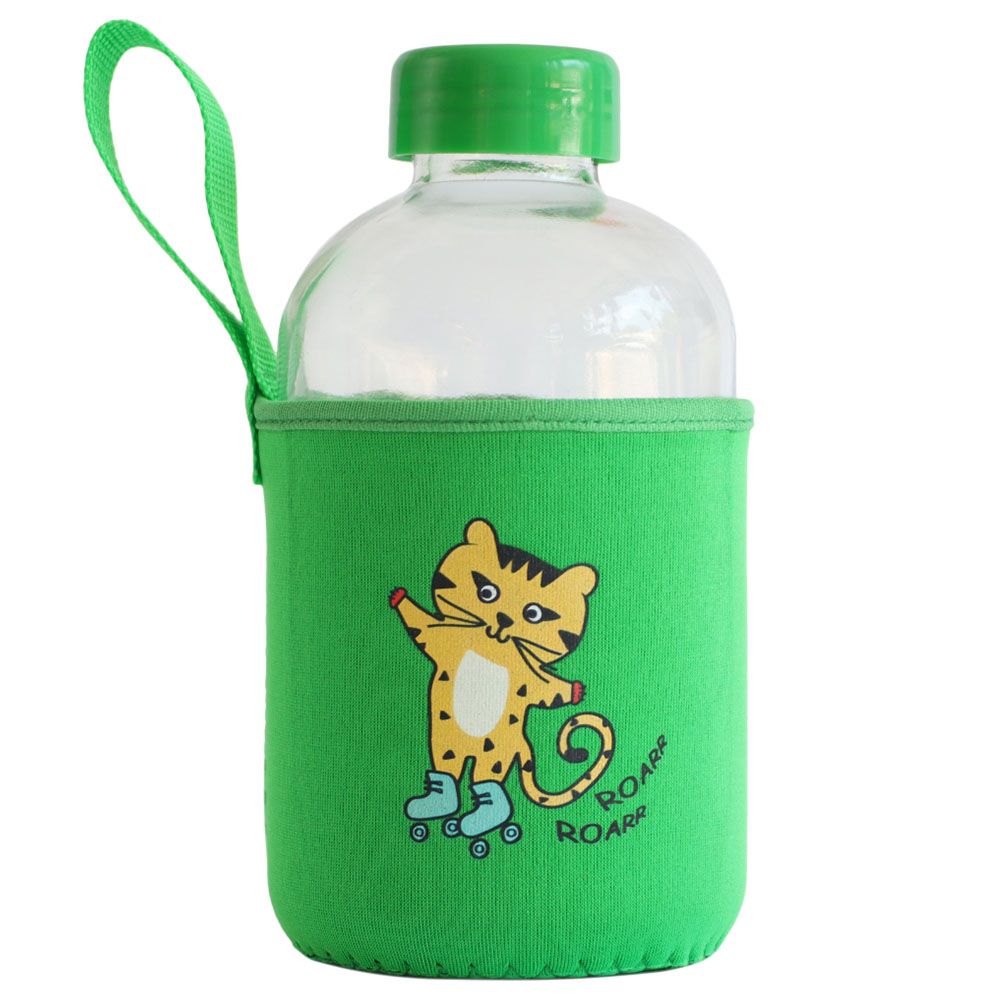 Milk&Moo - Skater Cheetah Kids Glass Water Bottles 600ml - Green