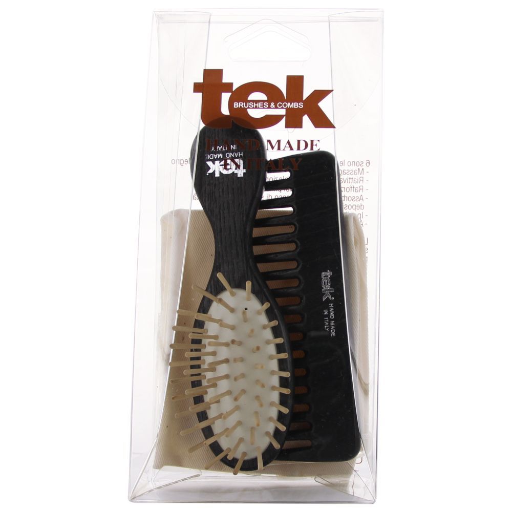 Tek - Oval Wooden Brush And Comb With Cotton Bag - Black