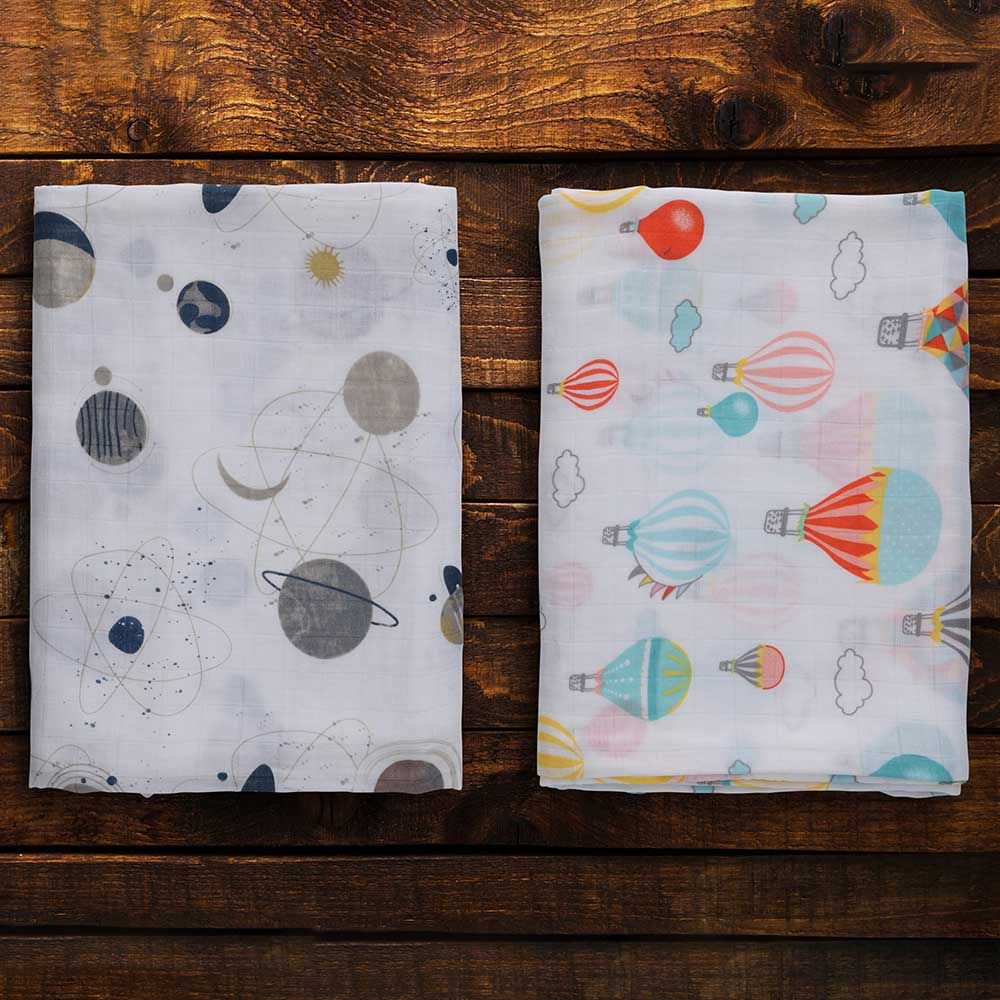 Anvi Baby - Set of 2 Muslin Swaddle Wrap, Balloons & Planets