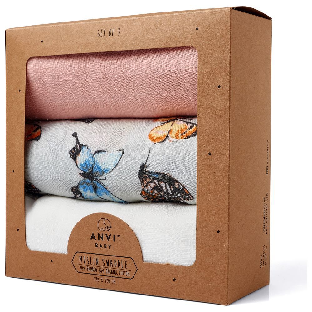 Anvi Baby - Organic Bamboo Swaddle - White/Grey/Peach - 3pcs