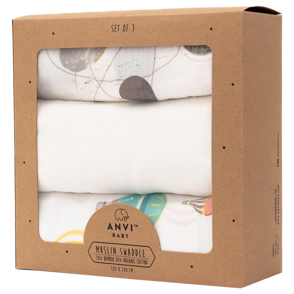 Anvi Baby - Planets & Balloons Bamboo Swaddle 120x120cm - Pack of 3