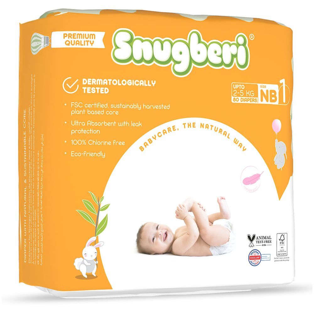 Snugberi - Premium Eco-friendly Diaper Size 1 New Born 2-5Kg - Mega Pack 80pcs