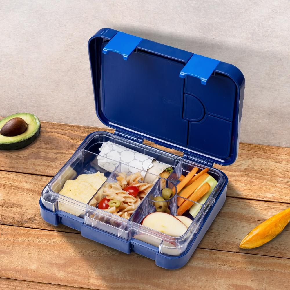 Eazy Kids - 4-6 Compartments Bento Box w/ Lunch Bag & Cutter Set - Eat Sleep Game Blue