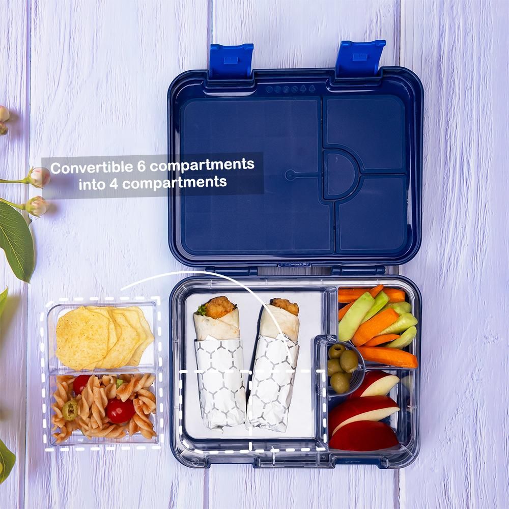 Eazy Kids - 4-6 Compartments Bento Box w/ Lunch Bag & Cutter Set - Eat Sleep Game Blue