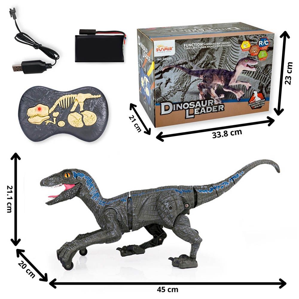 Fitto - Remote Control Velociraptor Dinosaur Toy - Grey - Blue