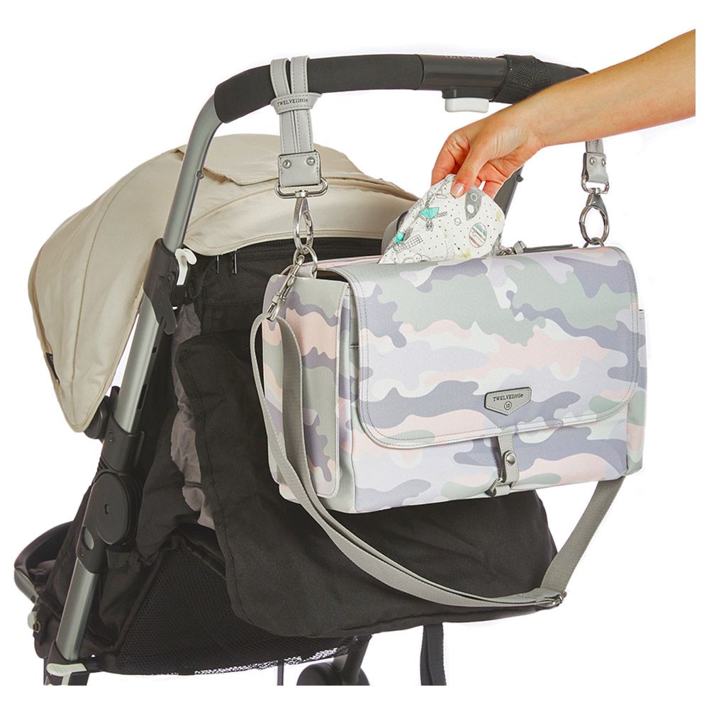 TWELVElittle - Stroller Diaper Bag Caddy With Free Stroller Clips And Changing Mat Blush Camo Print