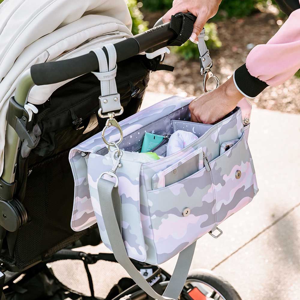 TWELVElittle - Stroller Diaper Bag Caddy With Free Stroller Clips And Changing Mat Blush Camo Print