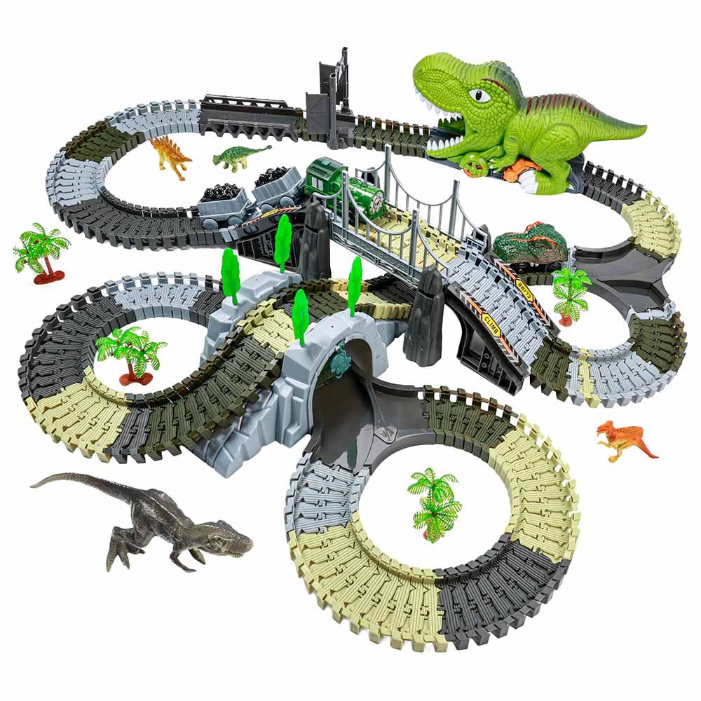 Tumama - DIY Race Track Set w/ Car, Train & Trees - Green Dino