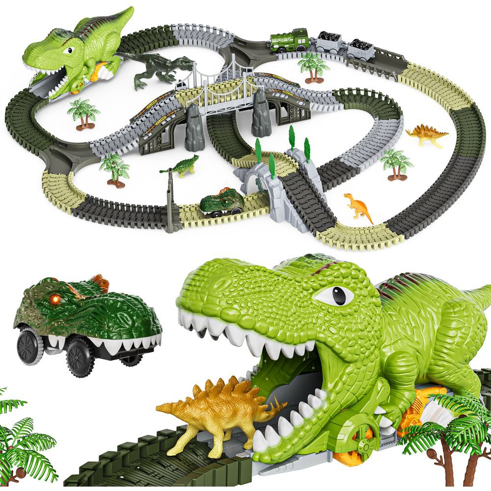 Tumama - DIY Race Track Set w/ Car, Train & Trees - Green Dino