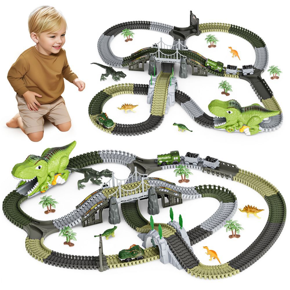 Tumama - DIY Race Track Set w/ Car, Train & Trees - Green Dino