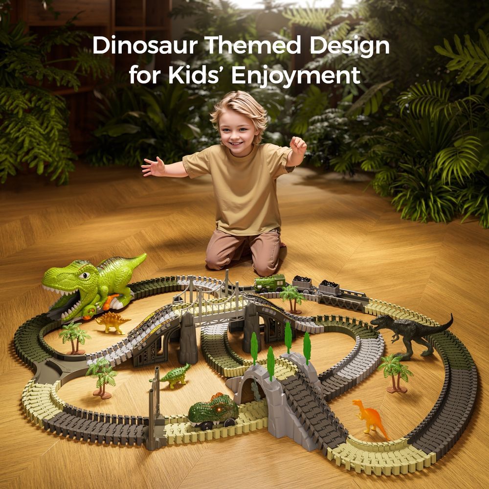 Tumama - DIY Race Track Set w/ Car, Train & Trees - Green Dino