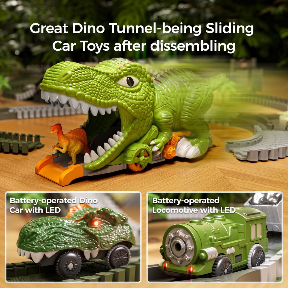 Tumama - DIY Race Track Set w/ Car, Train & Trees - Green Dino