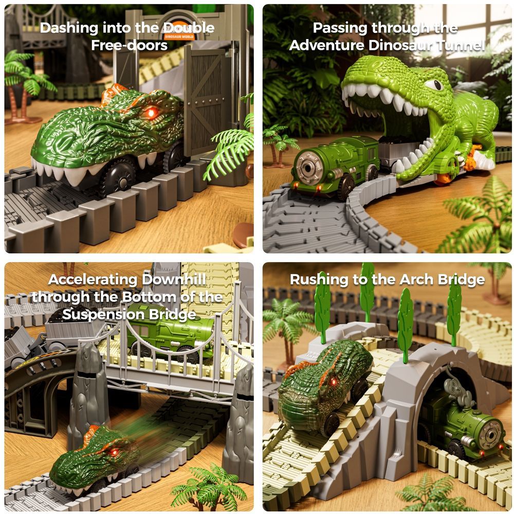 Tumama - DIY Race Track Set w/ Car, Train & Trees - Green Dino