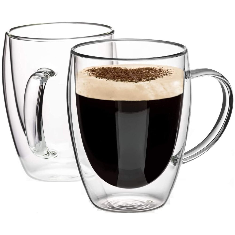 1Chase - Double Wall Glass Coffee Mug with Handle 350 ml Pack Of 2