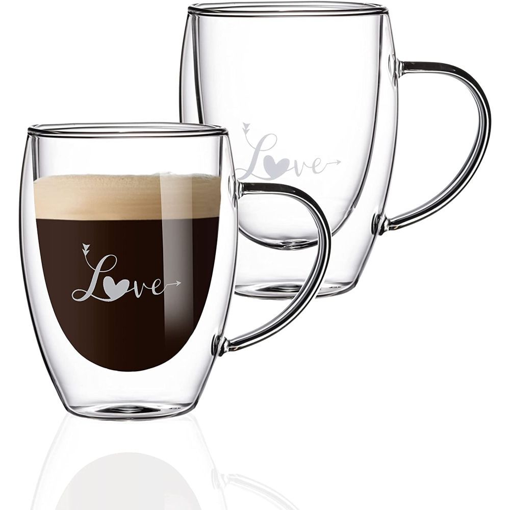 1Chase - Double Wall "LOVE" Printed Glass Mug with Handle 350 ml Pack Of 2