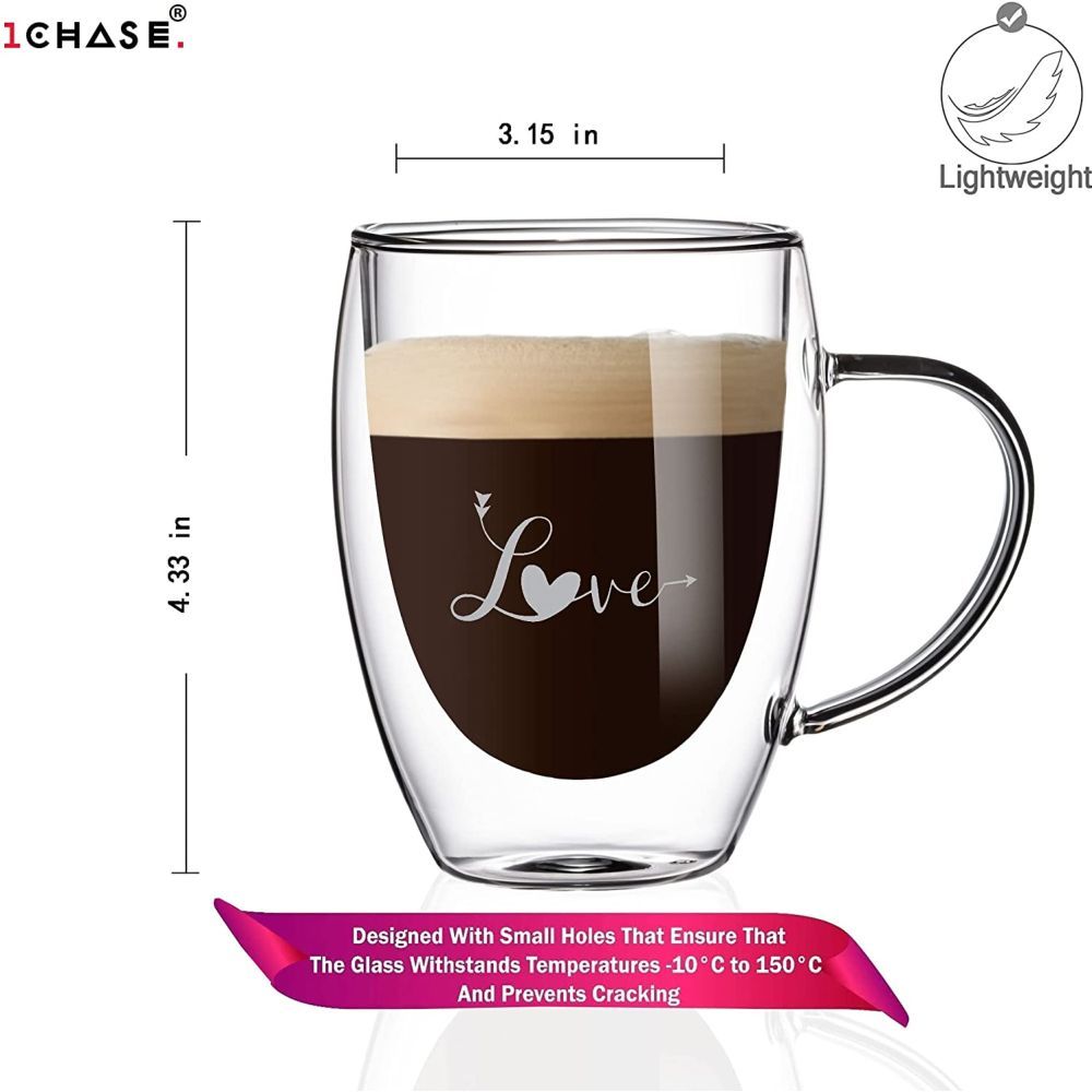 1Chase - Double Wall "LOVE" Printed Glass Mug with Handle 350 ml Pack Of 2