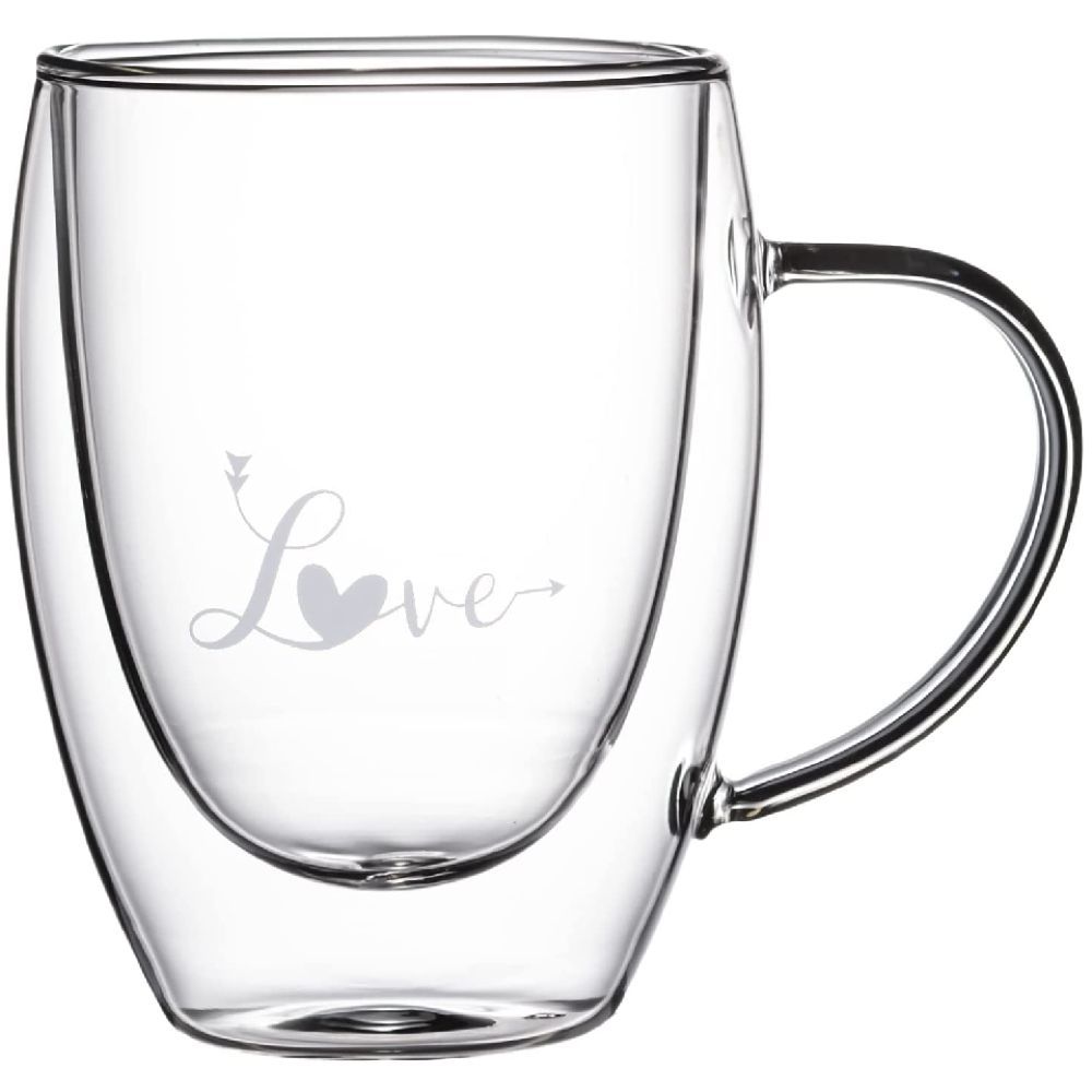 1Chase - Double Wall "LOVE" Printed Glass Mug with Handle 350 ml Pack Of 2