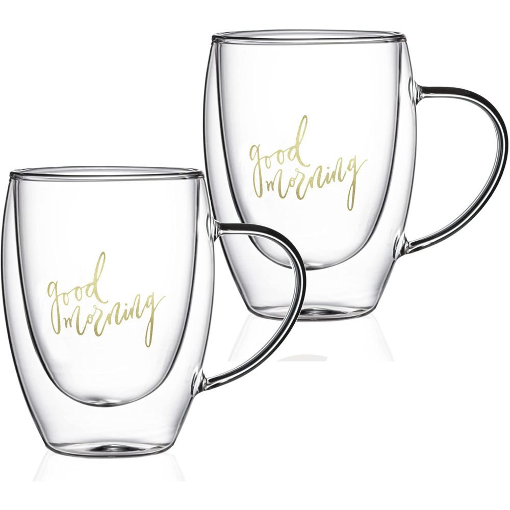 1Chase - Double Wall "Good Morning" Printed Glass Mug with Handle 350 ml Pack Of 2