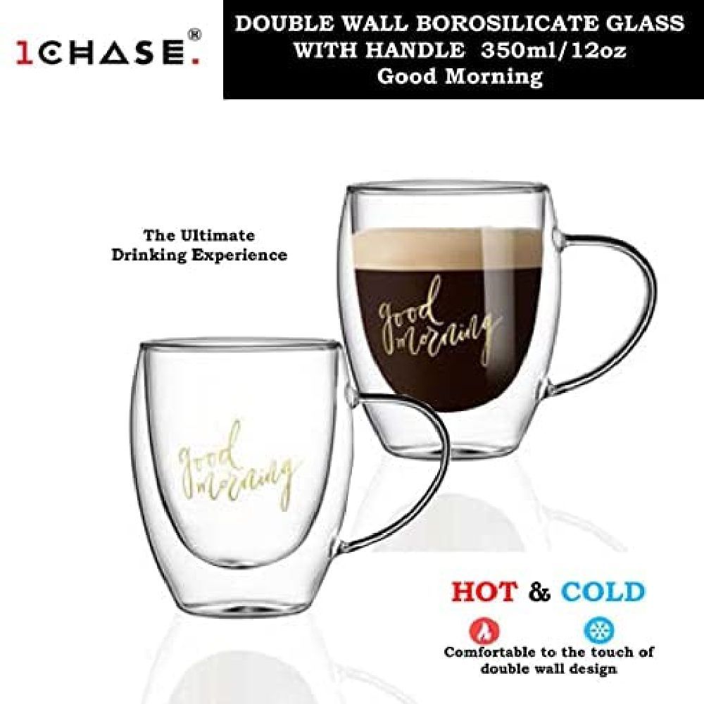 1Chase - Double Wall "Good Morning" Printed Glass Mug with Handle 350 ml Pack Of 2